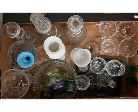Mixed selection of 19th century and later glassware, including decanters, champagne saucers and other drinking glasses, vases