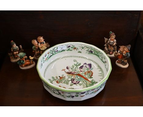 Five Goebels Hummel figures of children to/w a Masons Ironstone basin with T Goode &amp; Co stamp, 29 cm high