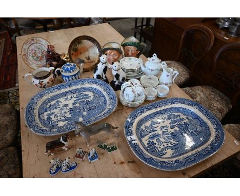 Two Victorian Willow pattern meat dishes to/w a box of miscellaneous decorative ceramics including Noritake comport painted w