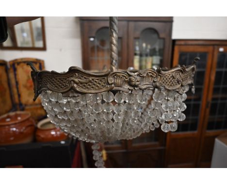 A heavy brass ceiling light, hung with faceted glass ball shade 46 cm diam