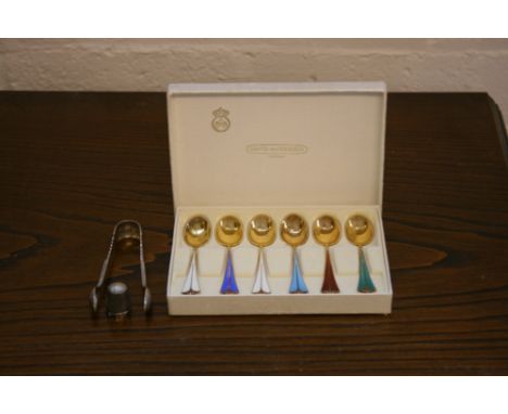 SILVER - a set of David Anderson enamel spoons in original case, a Birmingham silver thimble and a Victorian Birmingham silve