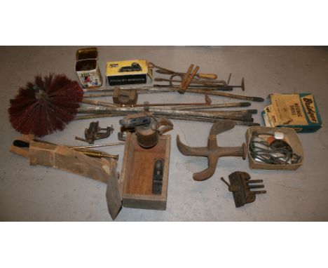 TOOLS - a selection of items to include Suraform scraper, a wood working plane, a Primus blowtorch, a chimney sweep's brush a