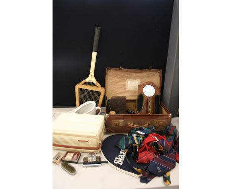 GENTLEMAN'S LOT - a vintage brown leather suitcase filled with a Slazegener racquet, ties, lighters, brushes, pen nibs, an in