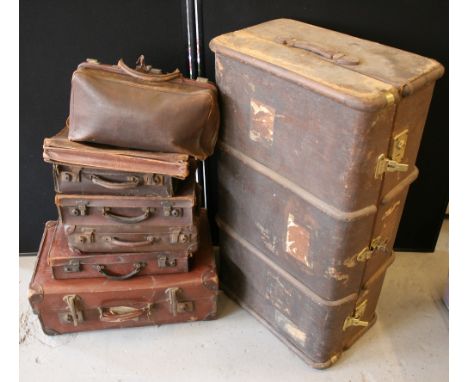 TRUNK & SUITCASES - a vintage travelling trunk with inner shelf and 7 brown leather suitcases and bags.