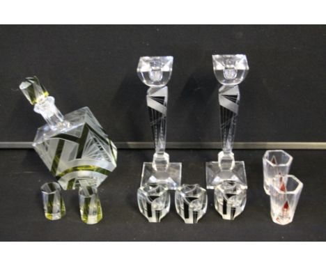 ART DECO GLASS SET - an Art Deco glass set to include a green and black decanter, 2 candlesticks and 3 matching shot glasses,