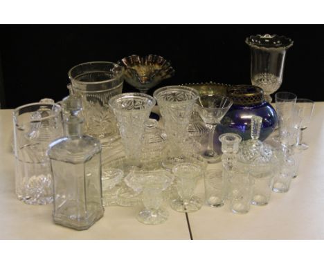 GLASS - over 30 pieces of glass to include 2 pieces of Carnival Glass, vases, trays, a decanter, matching glasses and 2 dress