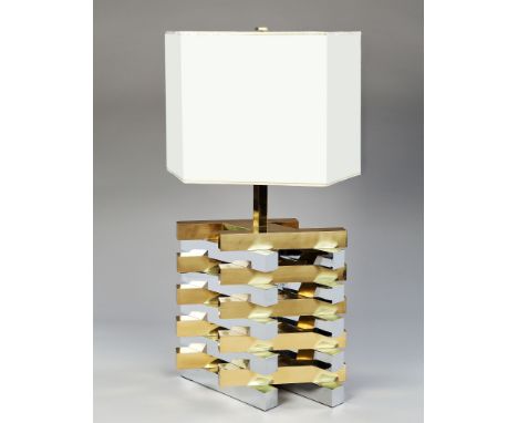 A Brass and Chrome 1970's Table Lamp  constructed as a lattice of interlocking and contrasting rectangular blocks,  47.3cm wi