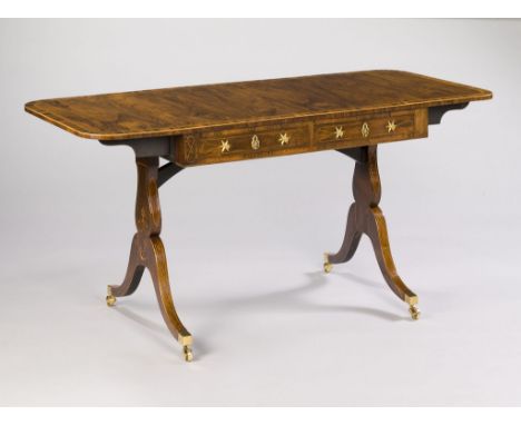 A Regency Rosewood Sofa Table  the well-figured top inlaid with calamander wood cross-banding and boxwood stringing, the pair