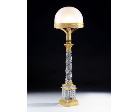 A Fine 19th Century Baccarat Table Lamp with a spiral cut column above a fluted and diamond cut plinth, mounted in gilt bronz