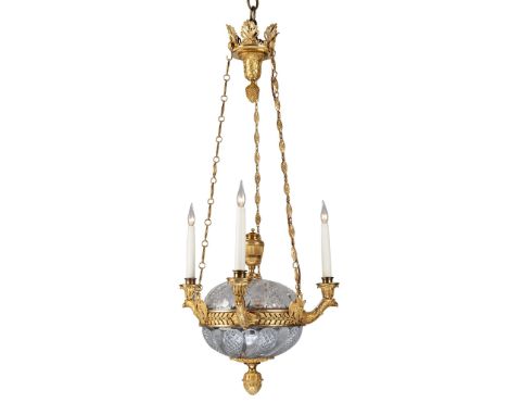 An Early 19th Century Russian Ormolu and Cut Glass Three-Light Chandelier  after designs by Alexandre Gué rin, the upper coro