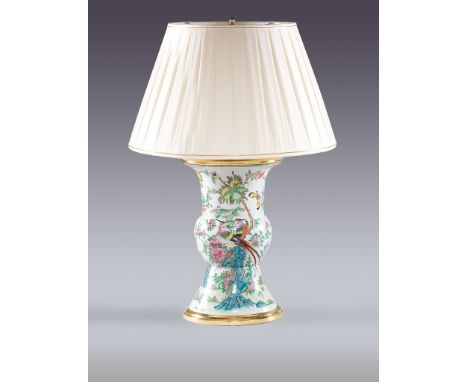 A 19th Century Famille Rose Chinese Vase  now mounted as a lamp, of Gu shape, with famille rose decoration of exotic birds, f