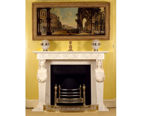 A Regency Carved White Marble Chimneypiece  the deep shelf with rounded corners and a stepped moulding, above a frieze carved