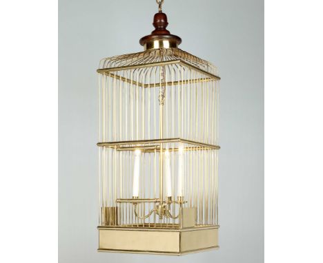 A Brass Bird Cage Lantern  with a central three light candelabra, the top with a turned wooden finial and brass hook,  38cm w