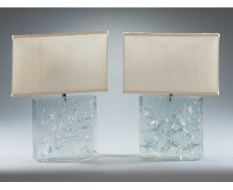 A Pair of Clear Refracted Lucite Lamp by Marie Claudes De Fouquieres  with rectangular simulated rock crystal bases, 27cm wid