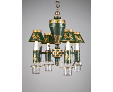 A Charles X Tole Chandelier  in green with gilt decoration, retaining the original glass drip pans,  46cm wide, 50cm high   P