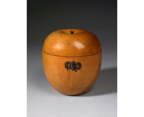A Late 18th/Early 19th Century Fruitwood  Tea Caddy  in the form of an apple, with steel lock escutcheon and key, retaining m