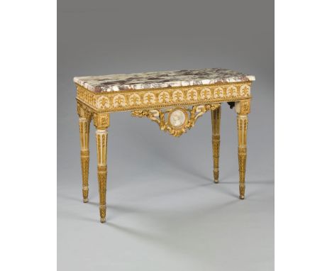 An 18th Century Piedmontese Painted and Parcel Gilt Side Table in the Manner of G. M. Bonzanigo  the original rectangular brè