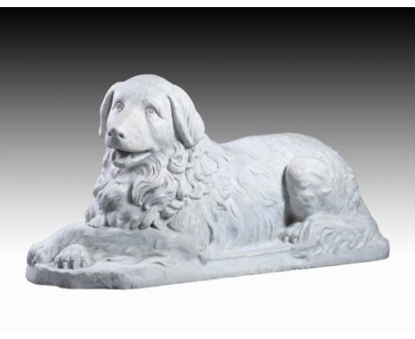 A 19 Century French White Marble Seated Retriever  with an integral oval shaped plinth, signed 'R. Rigolas statuaire Lyon',  