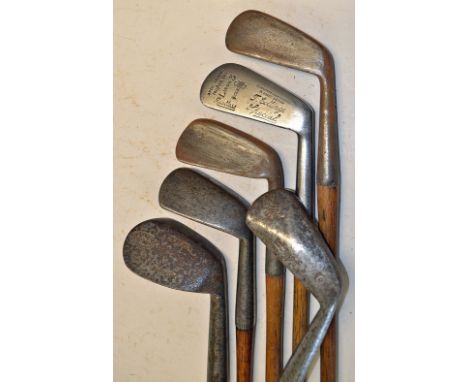 6x various irons to incl Gold Medal niblick, McNab diamond back iron stamped Gourlay, flanged bottom mashie, Aero L Model 3 i