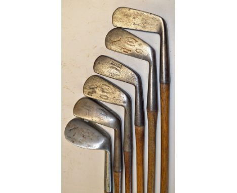Collection of R Forgan & Sons St Andrews Scotia irons and putter to incl driving iron, L model cleek, mid iron, mashie, nibli