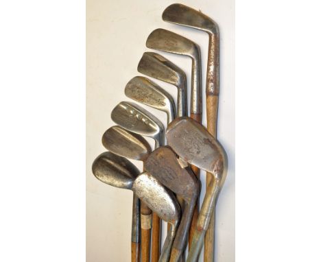 10x various mainly mashie and m/niblick irons to incl L/B flanged bottom stainless m/niblick, Maxwell mid iron and niblick,  