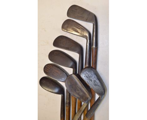 8x various irons to incl a Harrods London wide flanged sole niblick, 3x m/niblicks by Spalding and Halley, J Bradbeer driving