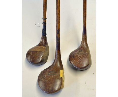 3x R Forgan St Andrews large head woods to incl Scotia Ivorine face shallow head driver with brass sole plate, striped topped
