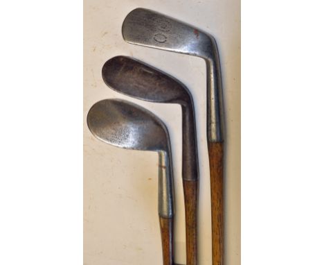 3x R Forgan & Son St Andrews Crown model irons to incl a mashie, m/niblick with Tom Stewart Pipe mark and diamond back niblic