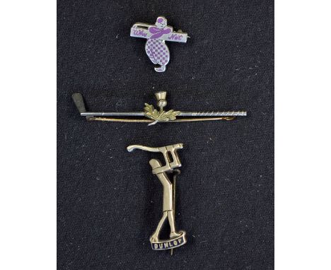 3x Various Golf Brooches to include Dunlop Art Deco lady golfer, Dunlop Why Not and a Golf Club and Thistle  all appear in G 