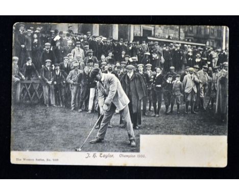 Tom Morris St Andrews Old Golf Course postcard - officiating match showing J H Taylor Champion 1900 driving from the first te