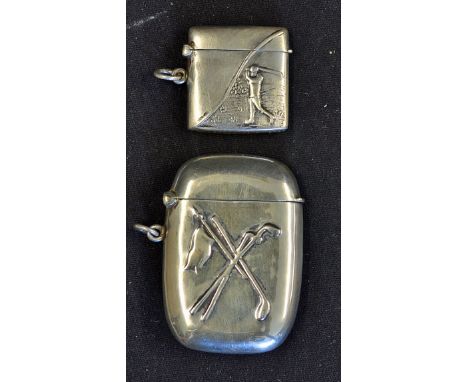 Sterling Silver Golfing Vesta Cases the larger with embossed crossed clubs, the smaller with golfer in swing, condition varie