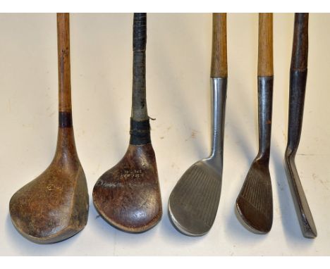5x Tom Morris St Andrews irons and woods to incl fine Tom Morris Portrait stainless mashie niblick, Tom Morris flanged sole m