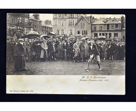 Tom Morris St Andrews Old Golf Course postcard - officiating match showing Mr H G Hutchinson Amateur Champion 1886, 1887 driv