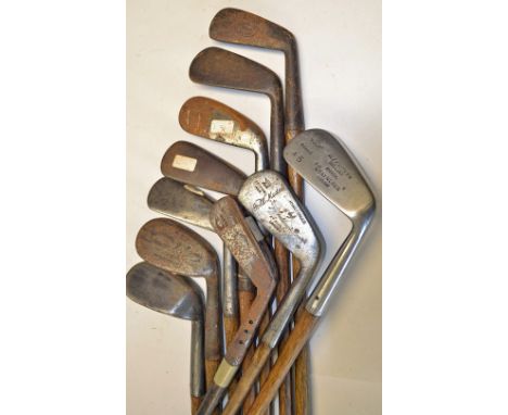 10x various irons to incl A Aitken Gullane stainless mashie, Logan's Genii m/niblick, Spalding driving iron, Maxwell Cleek, e