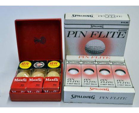 18x various unused golf balls in boxes to incl 6x Dunlop Maxfli in original Dunlop Padded brass hinged lid box and 12x Spaldi