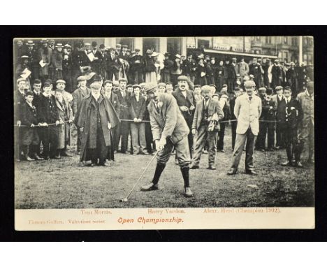 Tom Morris St Andrews Old Golf Course postcard - officiating Open Championship match showing Harry Vardon (about to Drive on 