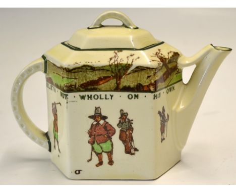 Scarce Royal Doulton Golfing Series Ware teapot - hexagonal shape decorated with Crombie style golfing figures and proverb "H