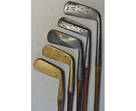 5x Various Putters to incl a centre balance gun metal straight blade, a Giraffe long hosel blade by Forgan, a Tom Stewart str