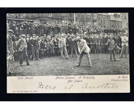 Tom Morris St Andrews Old Golf Course postcard - officiating match showing Archie Simpson, Ben Sayers, A Kirkaldy, A Herd (Ch