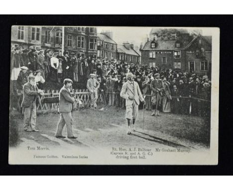Tom Morris St Andrews golfing postcard c.1903 - titled "Tom Morris. Rt. Hon. A.J. Balfour (Captain R&A G.C.) driving first ba