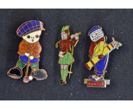 3x Enamel Golf Badges includes Dunlop Man, child golfer and Scottish golfer, interesting in A/G condition