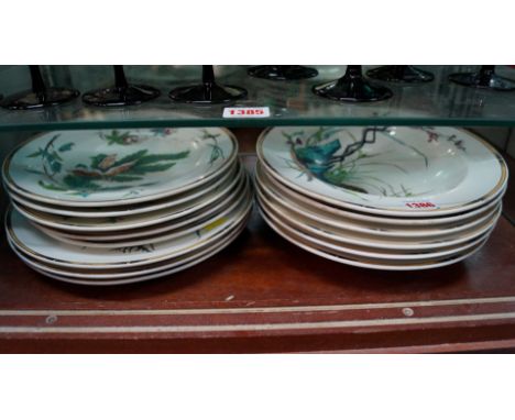 An unusual Victorian Royal Worcester Aesthetic part dinner service, printed with turtles, pea pods, birds and fish.