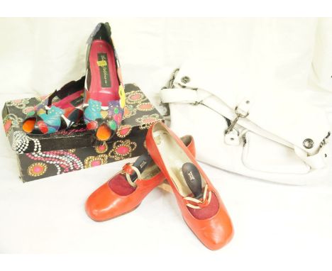 Russell & Bromley: a pair of 1960/70s Italian red leather shoes with gold metal link trim, size 36; a pair of Beverly Feldman