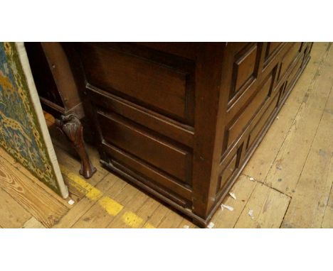 An early 18th century oak panelled coffer, with multiple fielded panel front, 155.5cm wide. 