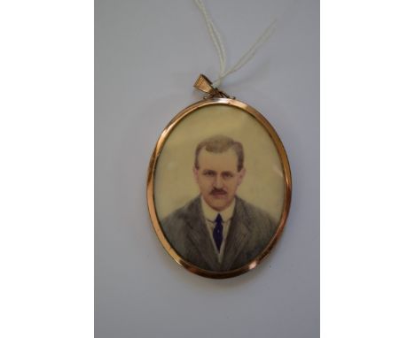English School, early 20th century, head and shoulders portrait miniature of a gentleman with moustache and dark coat, 5.8 x 