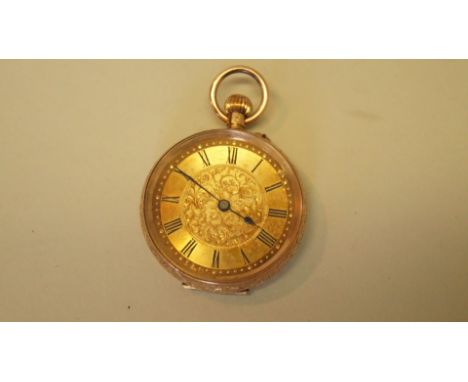 A continental 14k gold fob watch, having 2.8cm gilt dial decorated Roman numerals, with engine turned and chased case, stem w