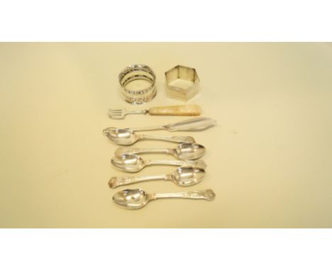 A set of five silver teaspoons; together with a silver and mother of pearl pickle fork; a silver butter knife and two silver 