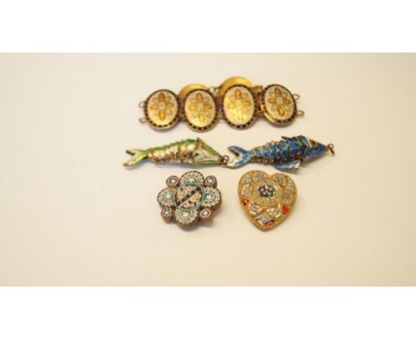 Two reticulated enamel fish pendants; together with an enamel bracelet; and two micro mosaic brooches. [5]