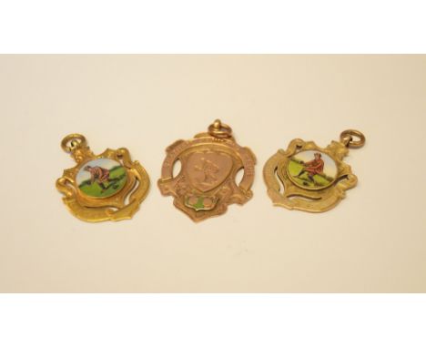 Three various 9ct gold sporting medals, two decorated with coloured enamel, total weight 24g.