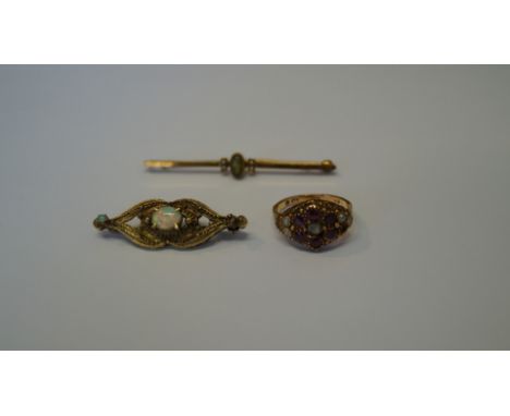 A Victorian 15ct gold amethyst, diamond and pearl ring; together with another 15ct gold tourmaline bar brooch; and an opal se